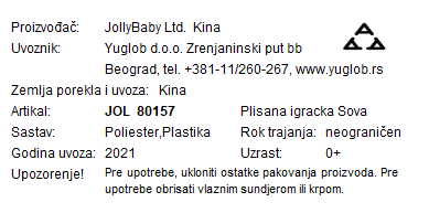 Balibazoo plišana igračka sa glodalicom Sova Olivia 80157 deklaracija